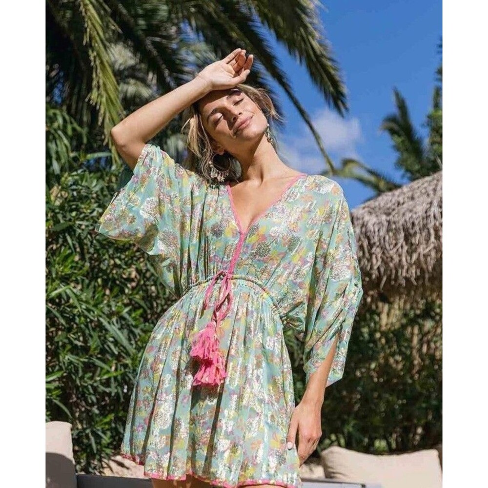 Miss June Paris Mini Dress Womens OS Aqua And Pink Metallic Floral Boho Lurex